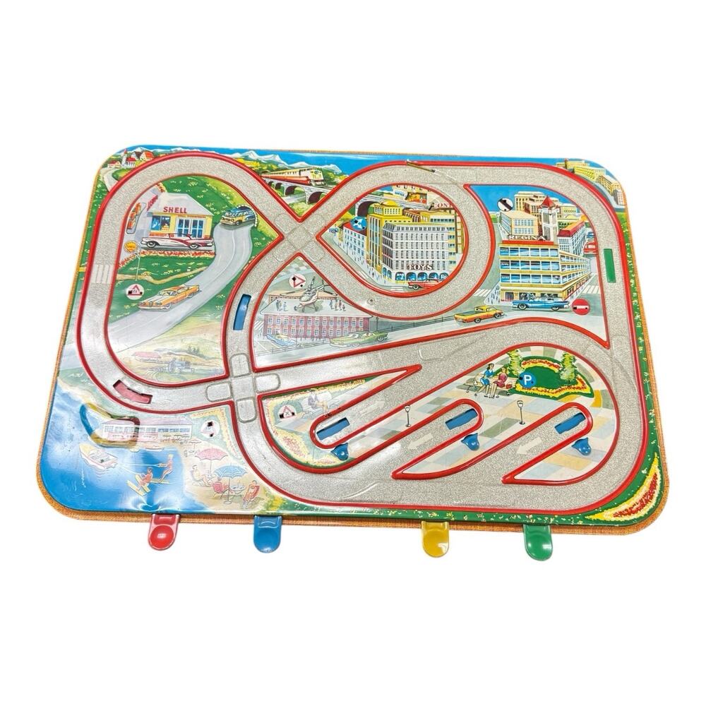 Vintage Tin Litho Game Board Toy Car Traffic city Shell Gas Station Cars Boats